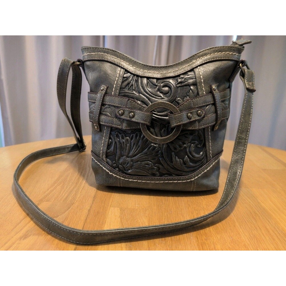 Born Concept B.O.C. Embossed Tooled W/Buckle Faux Leather Crossbody Olive Green